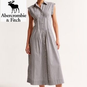 Abercrombie & Fitch Blue & White Striped Midi Poplin Shirt Dress